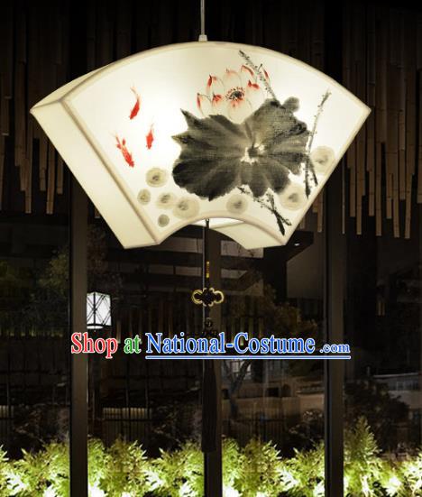 Traditional Chinese Ancient Palace Lantern Ceiling Lamp Ink Painting Lotus Lanern