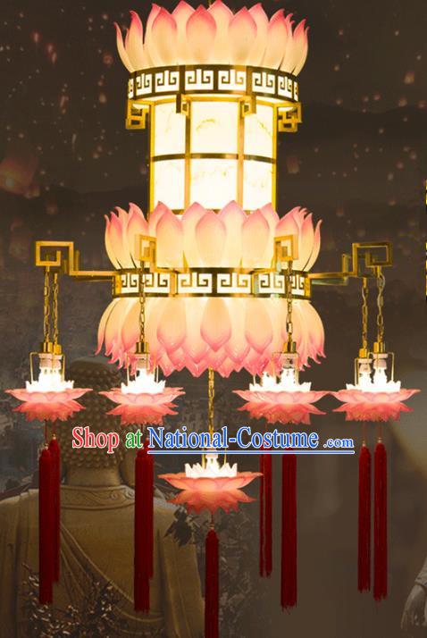 Traditional Chinese Ancient Palace Lantern Buddhist Lotus Ceiling Lamp Temple Brass Lanern