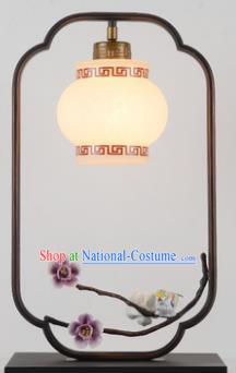 Traditional Asian Chinese Lantern China Ancient Electric Purple Flowers Desk Lamp Palace Lantern