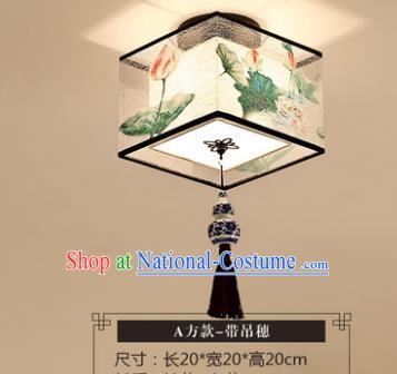 Traditional Chinese Handmade Lantern Classical Tassel Ceiling Lamp Ancient Painting Lotus Square Lanern