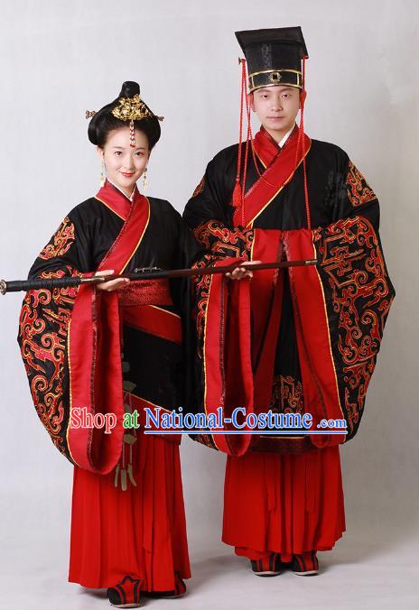 Ancient Chinese Zhou Dynasty Imperial Emperor and Empress Embroidered Wedding Costumes Complete Set