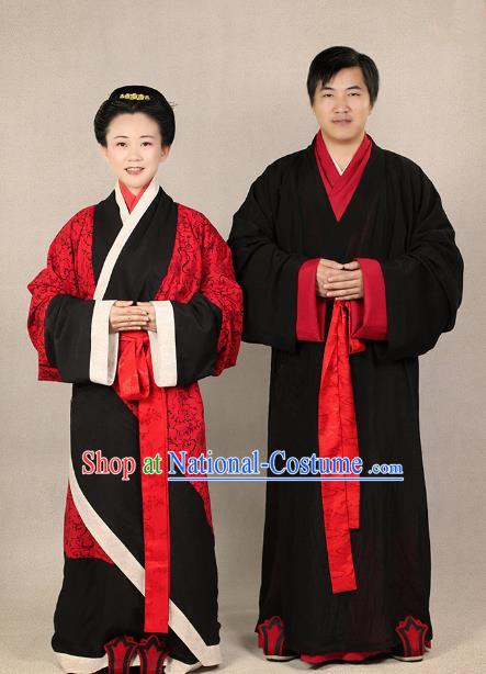 Ancient Chinese Zhou Dynasty Bride and Bridegroom Hanfu Embroidered Wedding Costumes Complete Set