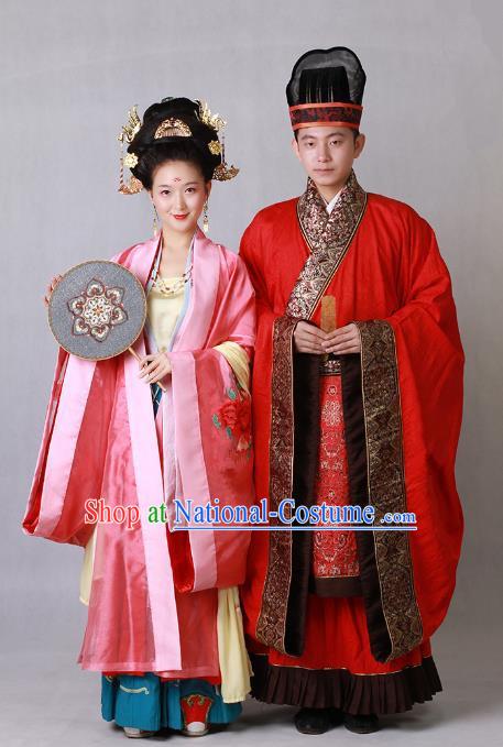 Ancient Chinese Tang Dynasty Palace Bride and Bridegroom Hanfu Embroidered Wedding Costumes Complete Set