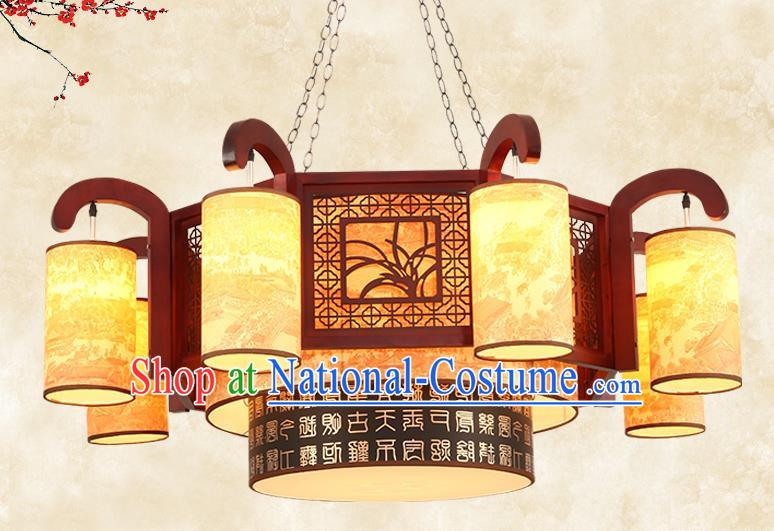 China Traditional Handmade Ancient Wood Orchid Lantern Eight-pieces Palace Lanterns Ceiling Lamp