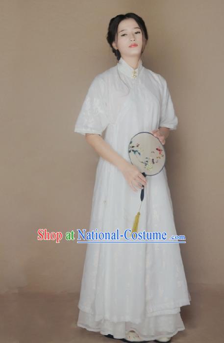 Ancient Chinese National Costumes White Cheongsam Dress for Women