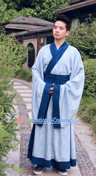 Ancient Chinese Ming Dynasty Scholar Costumes Blue Long Robe for Men