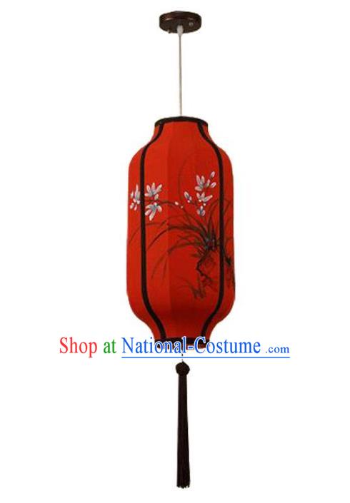 Traditional China Handmade Red Lantern Ancient Ink Painting Orchid Hanging Lanterns Palace Ceiling Lamp