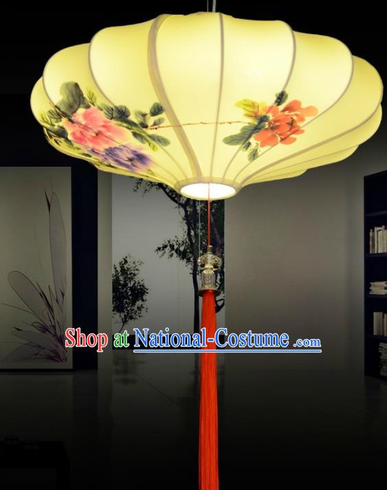 Traditional China Handmade Yellow Lantern Ancient Ink Painting Peony Hanging Lanterns Palace Ceiling Lamp