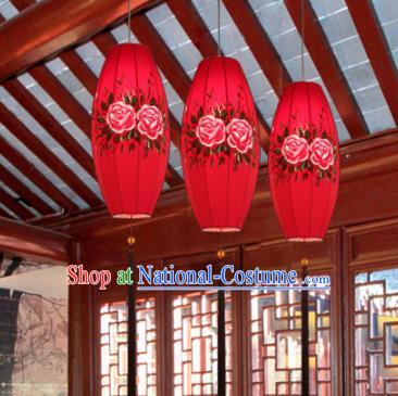 Traditional China Handmade Printing Peony Lantern Ancient New Year Red Hanging Lanterns Palace Ceiling Lamp