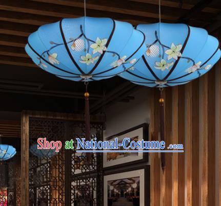 Traditional China Handmade Printing Blue Lantern Ancient New Year Hanging Lanterns Palace Ceiling Lamp