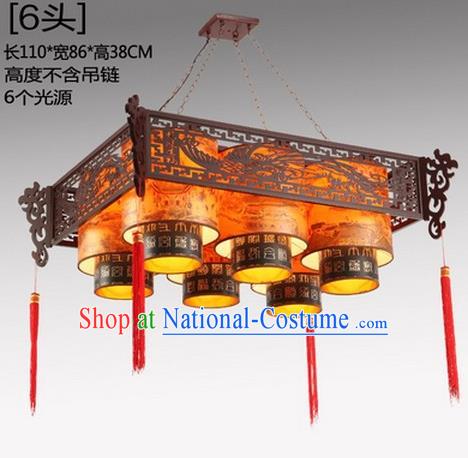 China Handmade Ceiling Lantern Traditional Wood Carving Phoenix Hanging Lanterns Palace Six-Lights Lamp