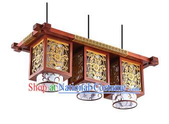 China Handmade Wood Carving Ceiling Lantern Traditional Ancient Three-Lights Lanterns Palace Lamp