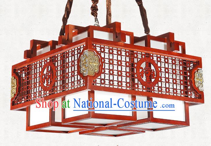 China Handmade Wood Ceiling Lantern Traditional Ancient Four-Lights Hanging Lamp Palace Lanterns