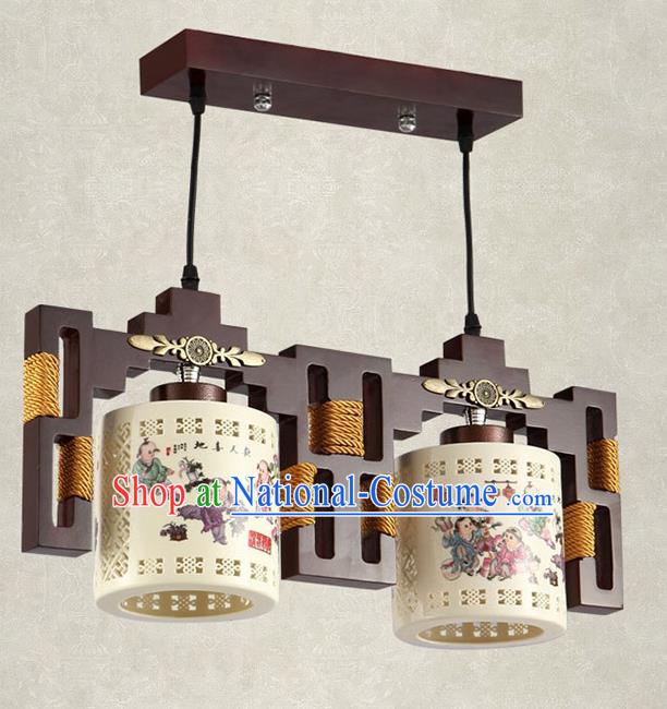 China Handmade Ceiling Lantern Traditional Ancient Printing Ceramics Two-Lights Hanging Lamp Palace Lanterns