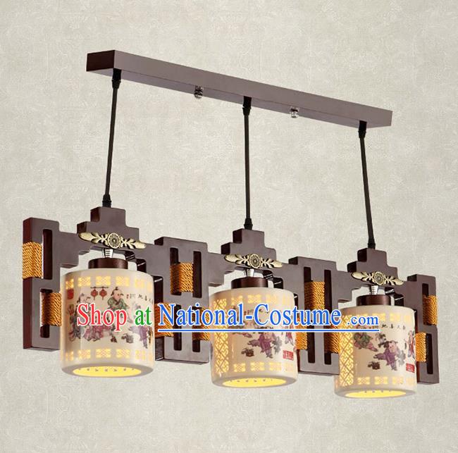 China Handmade Ceiling Lantern Traditional Ancient Printing Ceramics Three-Lights Hanging Lamp Palace Lanterns