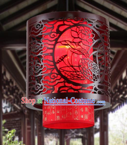 Asian China Handmade Wood Carving Lotus Ceiling Lantern Traditional Ancient Red Hanging Lamp Palace Lanterns