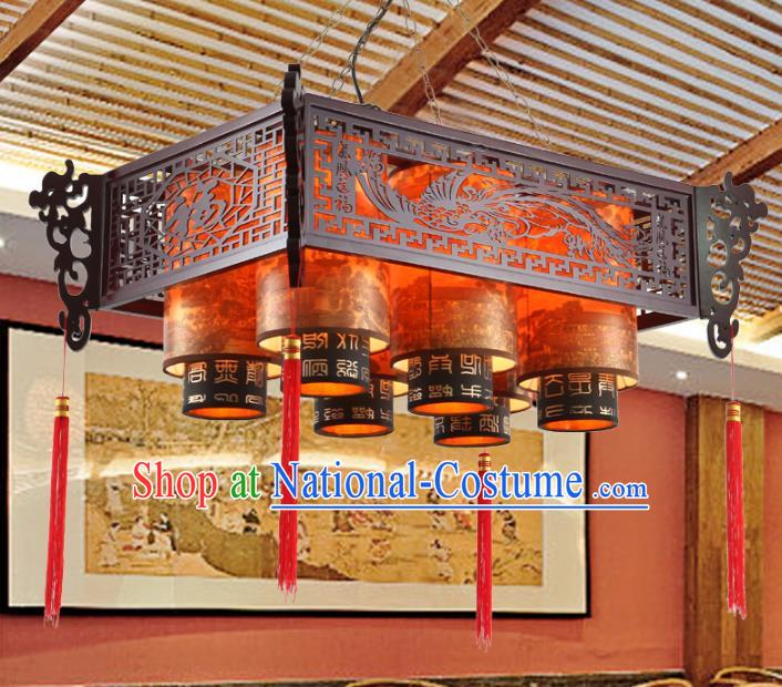 China Ancient Handmade Wood Six-Lights Lantern Traditional Carving Phoenix Ceiling Lamp Palace Lanterns