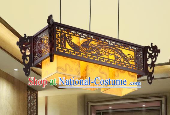 Asian China Handmade Wood Carving Phoenix Lantern Traditional Ancient Three-Lights Ceiling Lamp Palace Lanterns