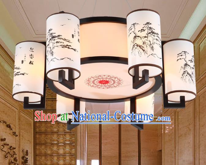 Chinese Handmade Printing Pineburst Lantern Traditional Palace Six-Lights Ceiling Lamp Ancient Hanging Lanterns