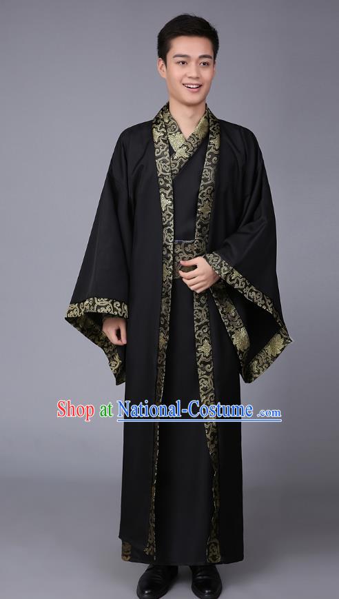 China Ancient Han Dynasty Scholar Costume Black Robe for Men