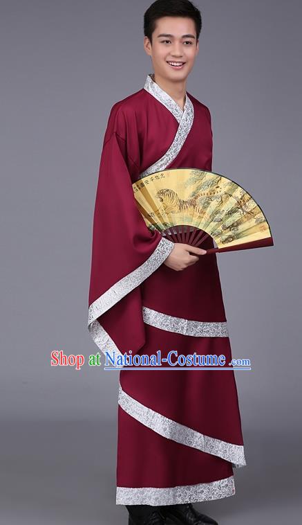 China Ancient Han Dynasty Scholar Costume Wine Red Curving-front Robe for Men