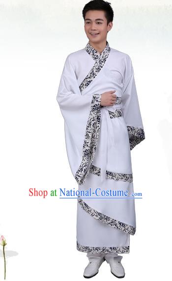 China Ancient Han Dynasty Scholar Costume White Curving-front Robe for Men