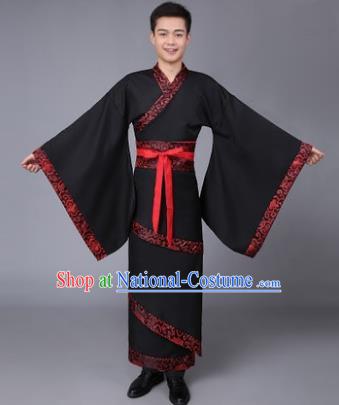 China Ancient Han Dynasty Scholar Costume Black Curving-front Robe for Men