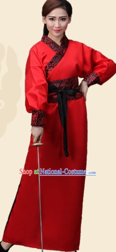 China Han Dynasty Swordswoman Red Costume Ancient Theatre Performance Heroine Clothing for Women