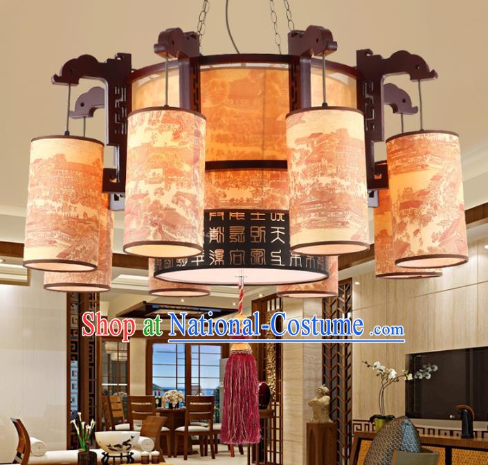 Chinese Handmade Wood Lantern Traditional Palace Eight-Lights Hanging Ceiling Lamp Ancient Lanterns