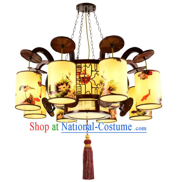 Chinese Handmade Eight-Lights Hanging Lantern Traditional Palace Printing Lotus Parchment Ceiling Lamp Ancient Lanterns