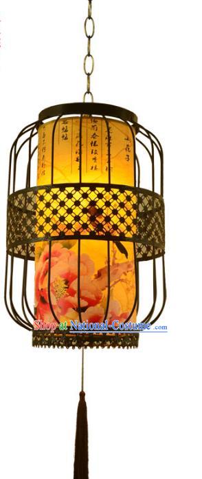 Chinese Handmade Printing Peony Iron Hanging Lantern Traditional Palace Ceiling Lamp Ancient Lanterns