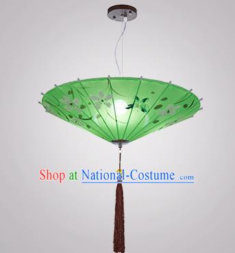 Chinese Classical Handmade Printing Umbrella Palace Lanterns Traditional Green Hanging Lantern Ancient Ceiling Lamp