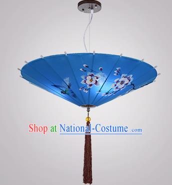 Chinese Classical Handmade Printing Umbrella Palace Lanterns Traditional Blue Hanging Lantern Ancient Ceiling Lamp