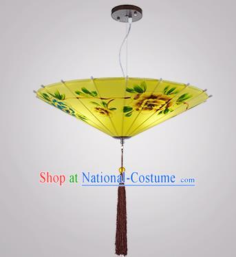 Chinese Classical Handmade Printing Umbrella Palace Lanterns Traditional Yellow Hanging Lantern Ancient Ceiling Lamp