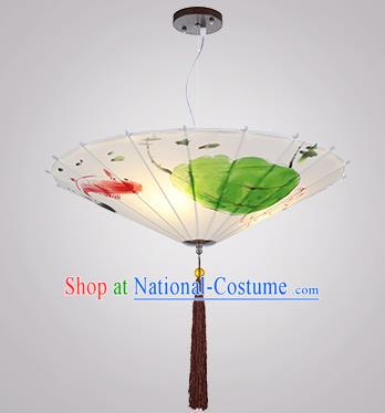 Chinese Classical Handmade Printing Umbrella Palace Lanterns Traditional White Hanging Lantern Ancient Ceiling Lamp