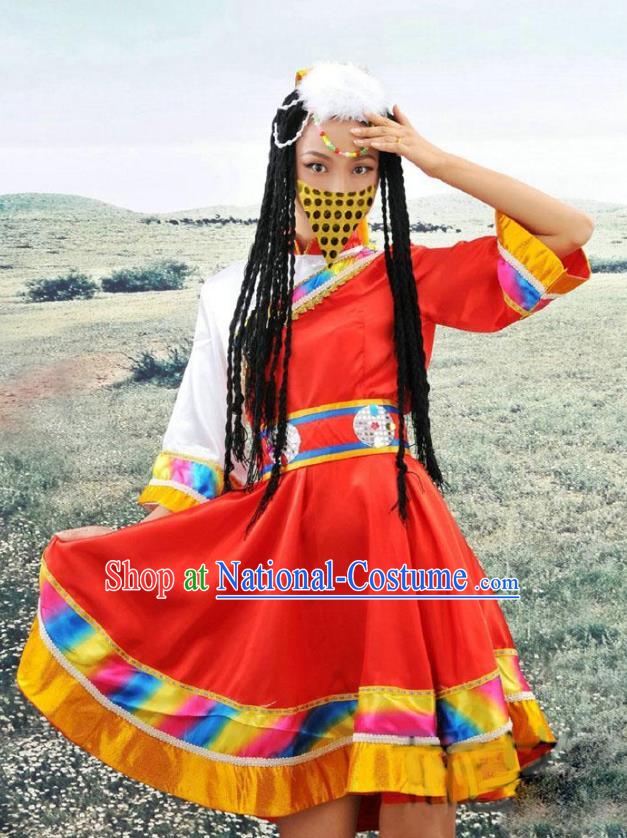 Traditional Chinese Mongols Minority Nationality Costume Mongolian Folk Dance Red Dress for Women