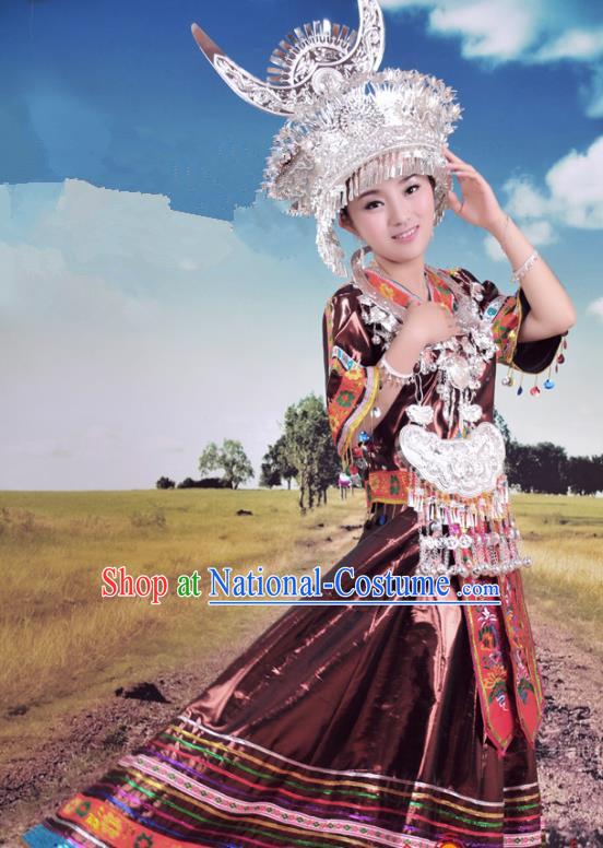 Traditional Chinese Miao Minority Nationality Wedding Embroidered Costume and Headwear Complete Set for Women