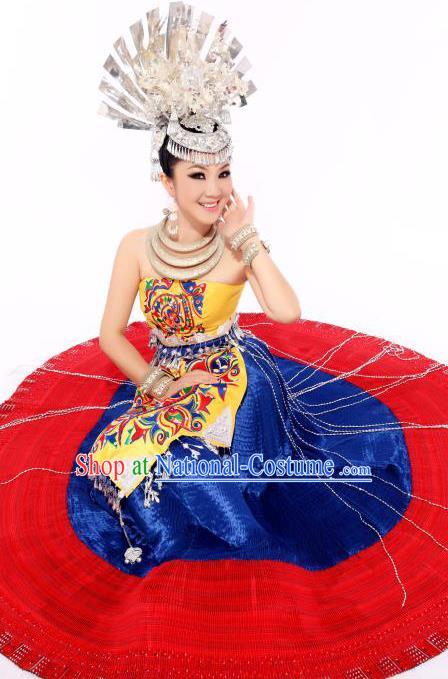 Traditional Chinese Miao Minority Nationality Embroidered Costume Hmong Bride Wedding Dress for Women