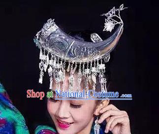 Traditional Chinese Miao Nationality Ox Horn Hairpins Hair Accessories Sliver Headwear for Women