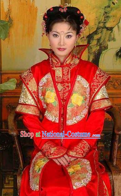 Chinese Ancient Qing Dynasty Manchu Empress Dowager Xiao Zhuang Embroidered Red Dress Historical Costume for Women