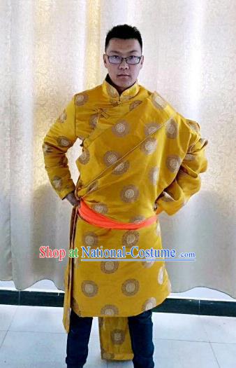 Traditional Chinese Zang Nationality Costume, Tibetan Ethnic Minority Kang-pa Yellow Tibetan Robe for Men