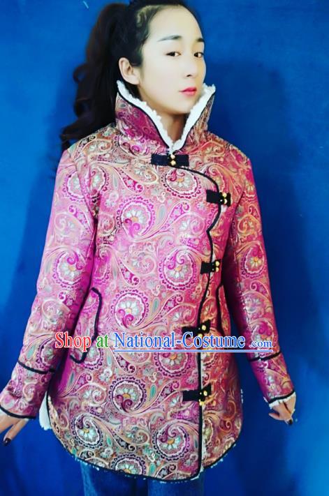 Chinese Tibetan Nationality Dance Costume, Traditional Zang Ethnic Minority Pink Cotton-padded Jacket for Women