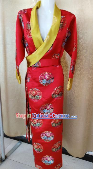 Chinese Tibetan Nationality Costume, Traditional Zang Ethnic Minority Red Tibetan Robe for Women