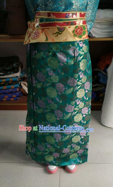 Chinese Tibetan Nationality Costume Green Skirt, Traditional Zang Ethnic Minority Clothing for Women