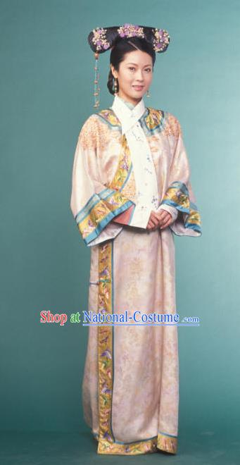 Chinese Ancient Qing Dynasty Imperial Concubine Manchu Pink Dress Historical Costume for Women