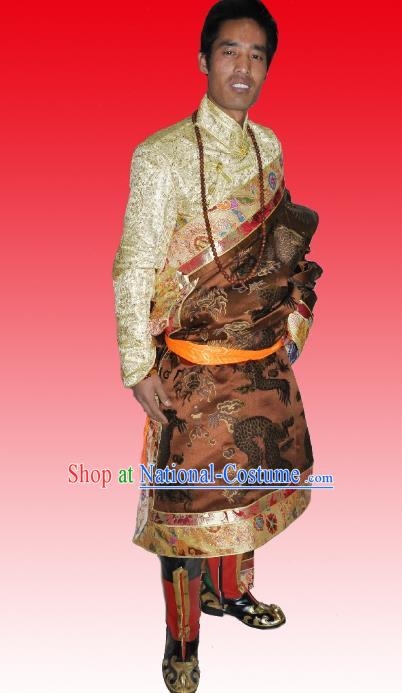 Traditional Chinese Zang Nationality Costume, Tibetan Ethnic Minority Brown Tibetan Robe for Men