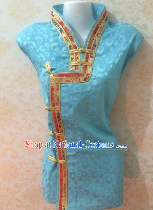 Chinese Tibetan Nationality Costume Blue Blouse, Traditional Zang Ethnic Minority Shirts for Women