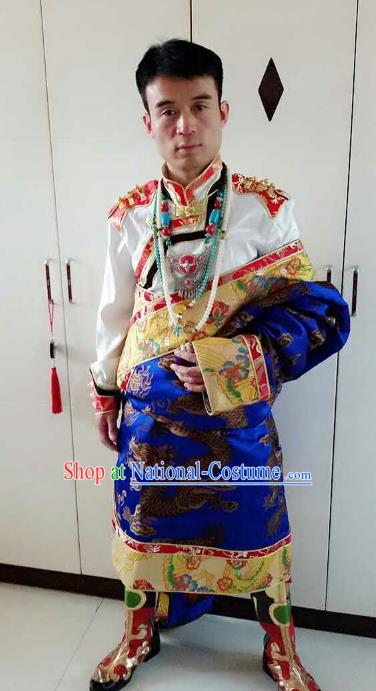 Traditional Chinese Zang Nationality Costume, Tibetan Ethnic Minority Royalblue Tibetan Robe for Men