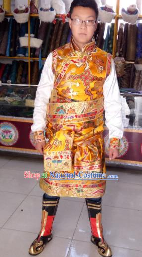 Traditional Chinese Zang Nationality Costume, Tibetan Ethnic Minority Yellow Tibetan Robe for Men