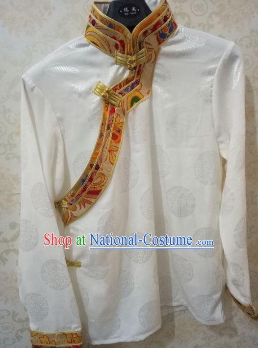 Traditional Chinese Zang Nationality Costume White Shirt, Tibetan Ethnic Minority Coat for Men